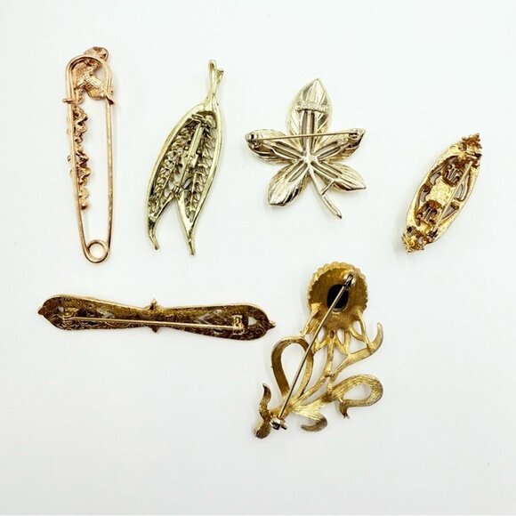 Vintage Gold Tone Rhinestone Bar Collar Flower Leaves Brooches in Lot - Picture 9 of 10